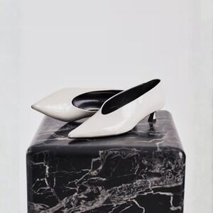 Tony Bianco Cherry Kitten Heel Pumps in White Crinkle Patent Leather Size 7